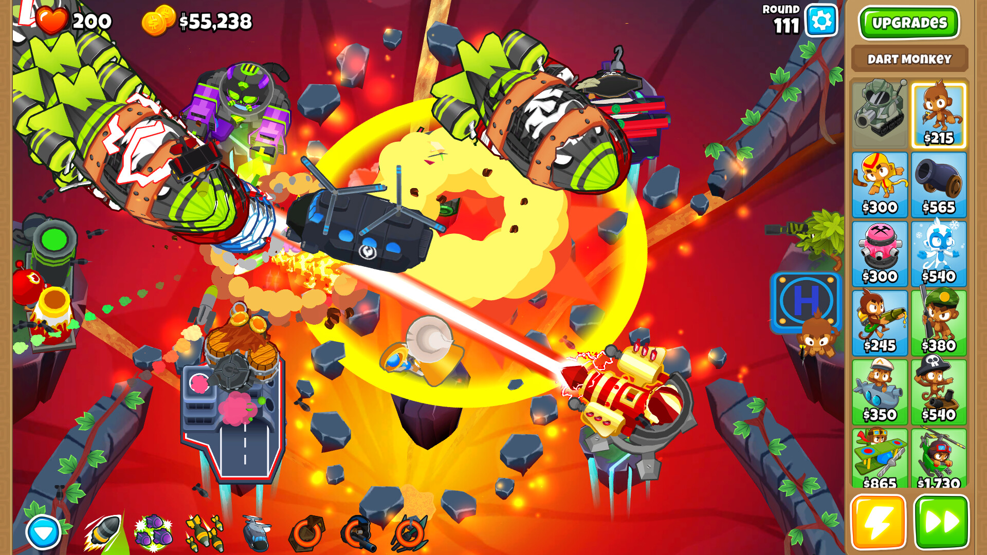 Freeplay-scale Bloons TD 6 round past wave 110 with many blimps on screen and a lava map