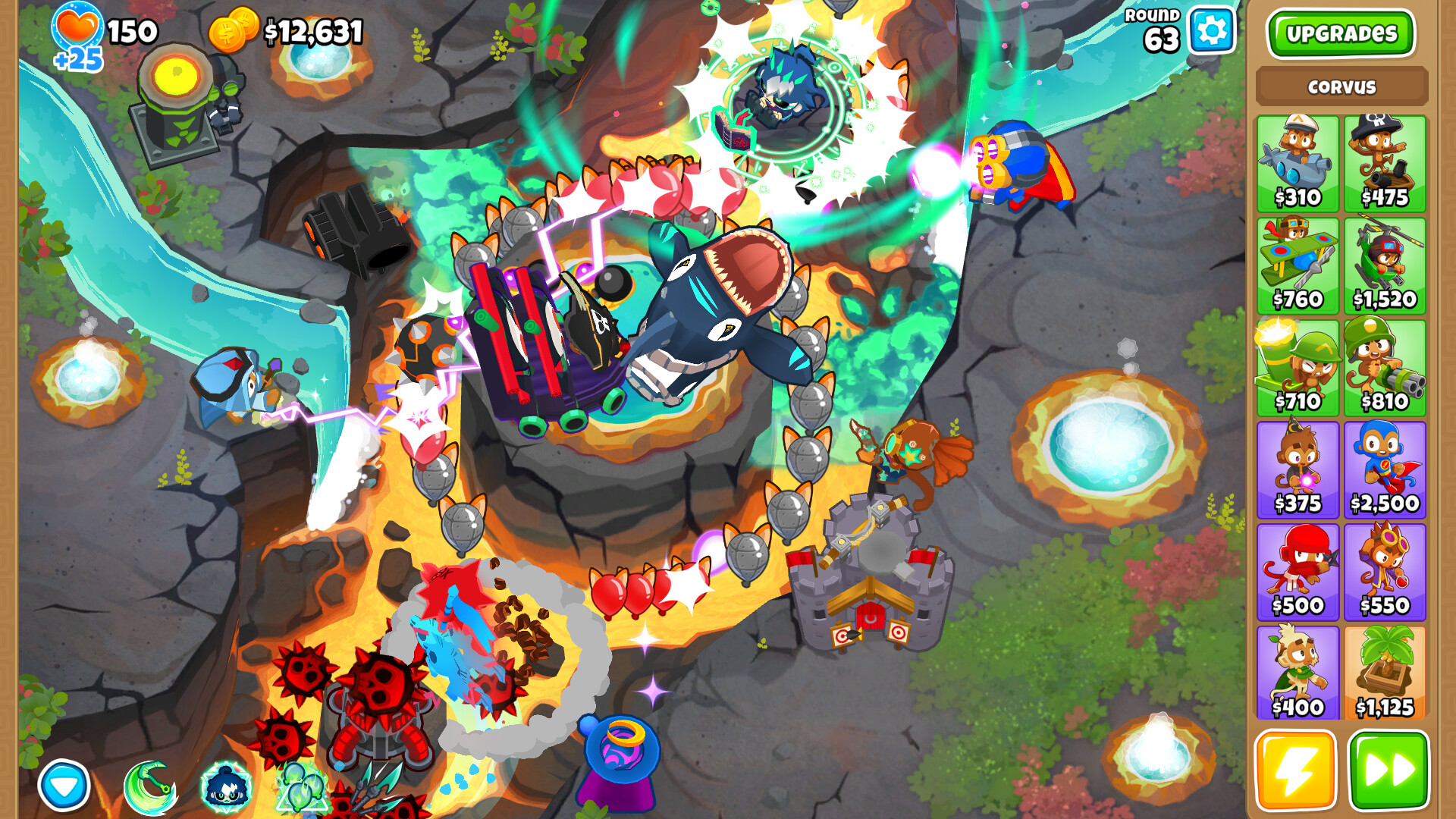 Bloons TD 6 mid-game round with the Corvus hero panel open